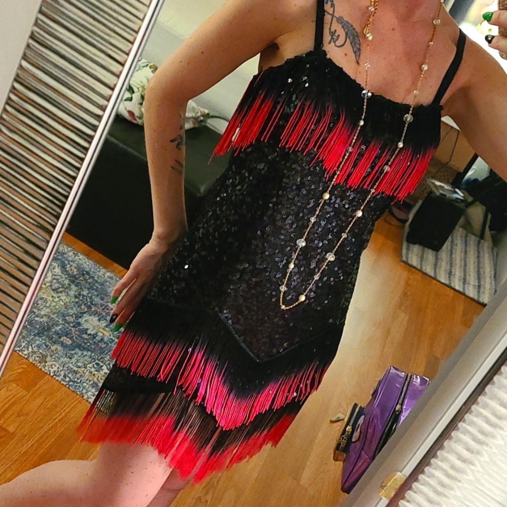Flapper Dress NEW Sequin Hombre pink & black flapper 1920s Costume Medium